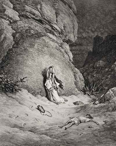 Hagar en Ismaël in de woestijn, illustratie uit Dore
