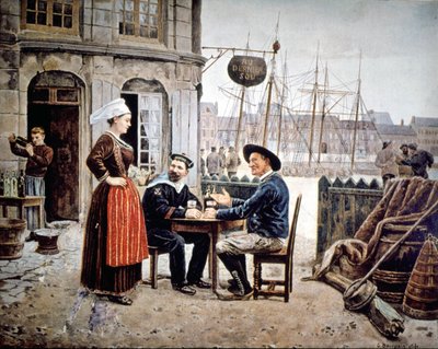 2 mannen (een zeeman en een Bretonse visser) in een bar die praten met een Bretonse serveerster, Saint Malo door Gustave Bourgain