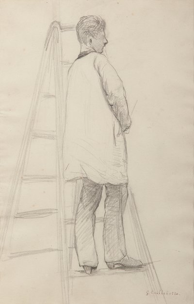 Studie voor Huisschilders: Man op een Ladder, Driekwart Achteraanzicht door Gustave Caillebotte