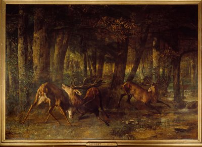 Lente bronst, hertengevecht door Gustave Courbet