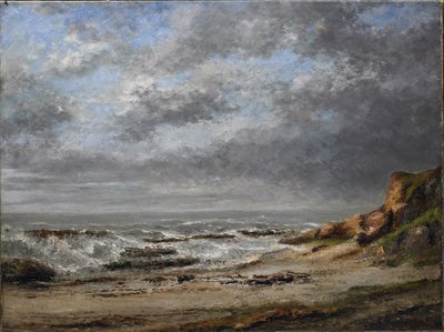 Uitzicht op een ruwe zee bij een klif door Gustave Courbet