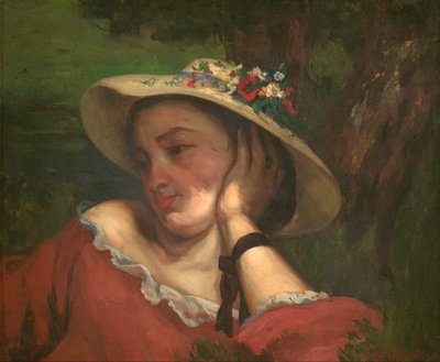 Jonge dames aan de oever van de Seine – fragment van een schilderij (Vrouw met bloemen op haar hoed) door Gustave Courbet