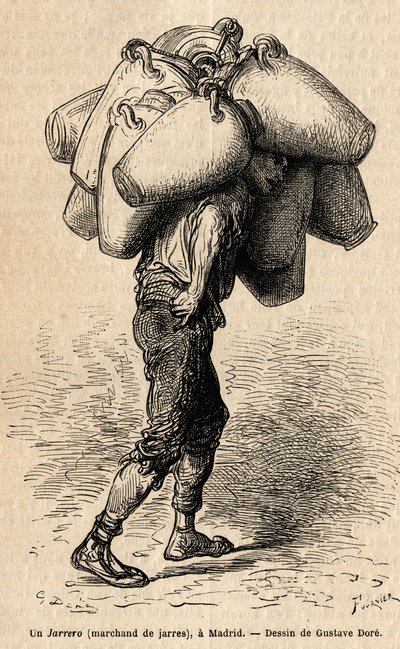 Een pottenkoopman, schets levendig genomen in Madrid. Gravure door Gustave Dore (1832-1883) ter illustratie van zijn reis naar Spanje, met Ch. Davillier (redacteur), in 1862, gepubliceerd in Le tour du monde, 1869, onder redactie van Edouard Charton, Hache door Gustave Dore