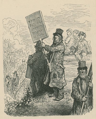 Een man die een bord vasthoudt bij een protest door Gustave Dore
