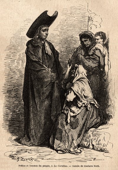 Een priester en een vrouw uit het volk, gekleed in vodden; de professionele Spaanse bedelaars gevestigd op de binnenplaatsen van de kerken om de christelijke liefdadigheid vaardig te exploiteren. Schets live genomen door Gustave Dore (1832-1883). Gravure t door Gustave Dore
