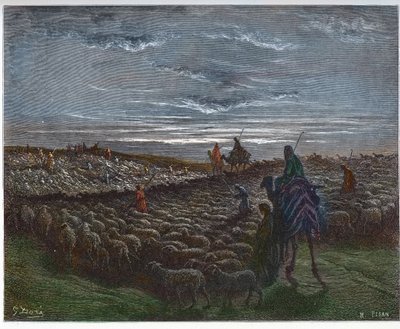 Abraham op weg naar het land Kanaän - Abram vestigde zich in het land Kanaän - gravure in 