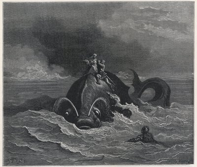 "Alcina (Alcina) en Renaud (Rinaldo) dragen Astolfo (Astholfo) op de rug van een walvis (Orlando furioso) door Ludovico Ariosto (1474-1533) 19e eeuw (gravure) door Gustave Dore