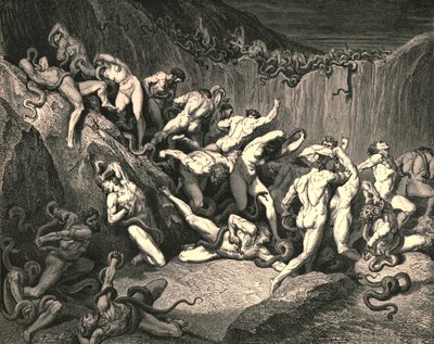 Te midden van deze angstaanjagende overvloed van ellende renden naakte geesten gevleugeld met afschuwelijke angst, ca. 1890 door Gustave Dore