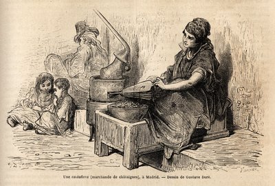 Een kastanjehandelaar in de open lucht, met haar draagbare oven, schets op de levendige in de Puerta del Sol, in Madrid. Gravure door Gustave Doré (1832-1883) ter illustratie van zijn reis naar Spanje, met Ch. Davillier (redacteur), in 1862, gepubliceerd i door Gustave Dore