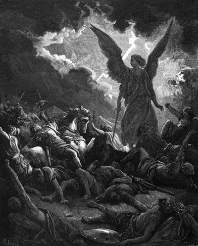 Aartsengel Gabriël, instrument van God, slaat het kamp van Sanherib en de Assyriërs door Gustave Dore