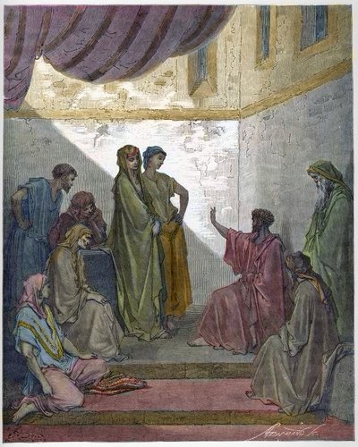Doop van Cornelius de Centurio - Cornelius de Centurio ontvangt het geloof van Jezus Christus en wordt gedoopt door St. Peter. - Gravure in 