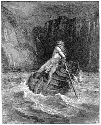 Charon de veerman roeit om Dante en Virgil op te halen, om hen over de Styx te dragen, 1861 door Gustave Dore