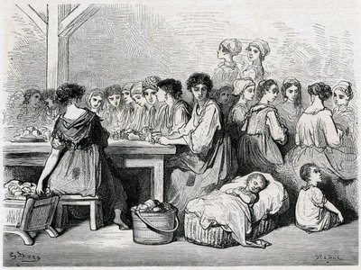 Cigarreras van Sevilla. Fabricage van sigaren, arbeiders, tabak. Tekening door Gustave Doré ter illustratie van 