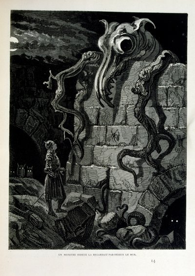 Croque-Mitaine; 1863 illustratie, door Gustave Dore; Franse kunstenaar, graveur, illustrator. Croque-Mitaine (De boeman) een kwaadaardig personage gepresenteerd aan kinderen om hen bang te maken en zo wijzer te maken. door Gustave Dore