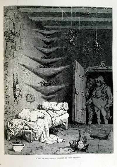 Croque-Mitaine; illustratie uit 1863, door Gustave Doré (1832-1883); Franse kunstenaar, graveur, illustrator. Croque-Mitaine (De boeman) een kwaadaardig personage gepresenteerd aan kinderen om hen bang te maken en zo wijzer te maken. door Gustave Dore