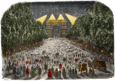 Menigte bewondert de elektrische verlichting van de Arc de Triomphe en de Champs-Elysées in Parijs op 26 en 27 oktober. door Gustave Dore