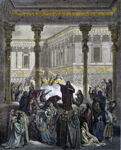 Daniël die de priesters van Baäl verwart - gravure in 