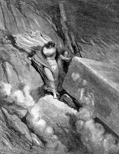 Dante en Virgil aan de rand van de afgrond waaruit een stinkende geur opsteeg, 1863 door Gustave Dore
