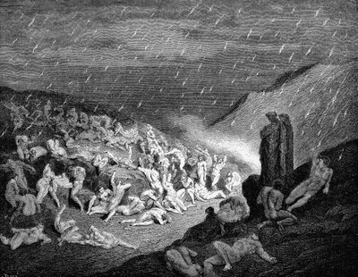 Dante en Virgil kijken neer op zielen in kwelling in de hel door Gustave Dore
