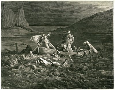 Dante en Virgil zeilen, geleid door de Nocher Phlegyas, op de Styx waarin verdoemden waden, die proberen in de boot te klimmen. Gravure uit De Hel door Dante Alighieri (de Goddelijke Komedie) geïllustreerd door Gustave Dore. Franse editie van 1861. door Gustave Dore