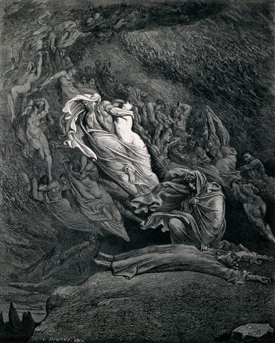 Dante en Virgil met Paolo en Francesca, Illustratie bij Inferno, Canto V van de Goddelijke Komedie, door Dante Alighieri, door Gustave Doré door Gustave Dore