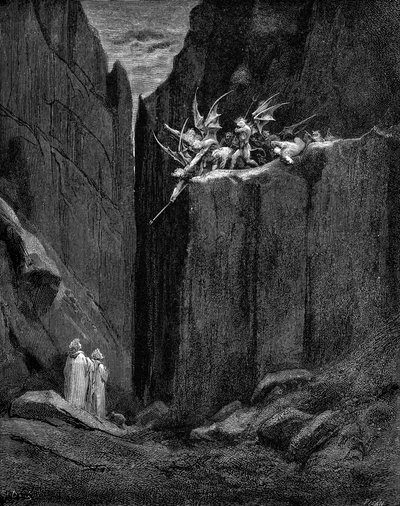 Dante beschermd door Virgil tegen demonen door Gustave Dore