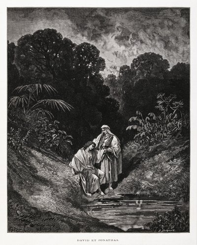 David en Jonathan, heldenfiguren van het Koninkrijk Israël, die een vriendschapsverbond sloten zoals opgetekend in de boeken van Samuel, Illustratie uit de Dore Bijbel door Gustave Dore