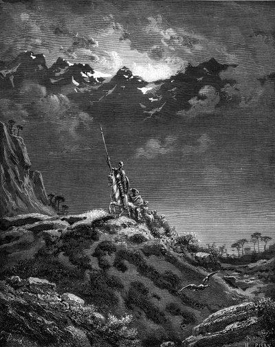 Don Quichot op avontuur. Gravure door Gustave Doré ter illustratie van de 1869 Hachette editie van het boek 