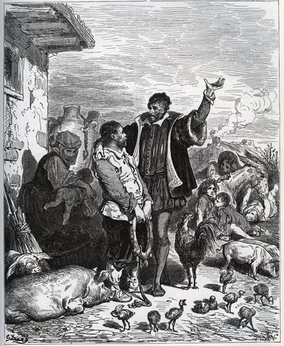 Don Quichot overtuigt zijn buurman Sancho Panza om zijn schildknaap te zijn - uit "Don Quichot van La Mancha" van Miguel Cervantes door Gustave Dore