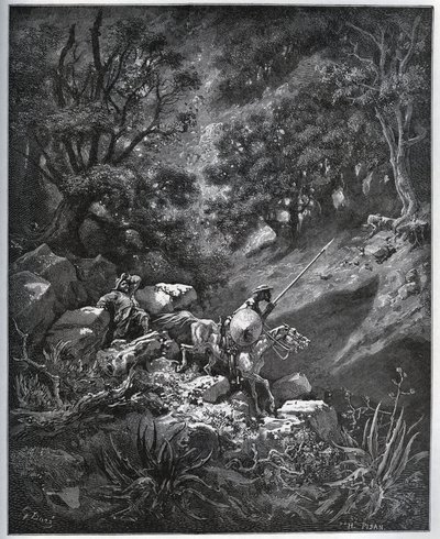 Don Quichot en Sancho Panza vervolgen hun reis in Sierra Morena op zoek naar de Deguenille-de-la-Malaise-Mijn - uit "Don Quichot de la Mancha" door Miguel Cervantes (1547-1616) - Houtsnede naar tekening van Gustave Dore door Gustave Dore