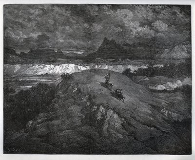 Don Quichot en Sancho Panza vervolgen hun avonturen in een bergachtig gebied, Sierra Morena - uit "Don Quichot de la Mancha" door Miguel Cervantes (1547-1616) - Houtsnede naar tekening van Gustave Dore door Gustave Dore