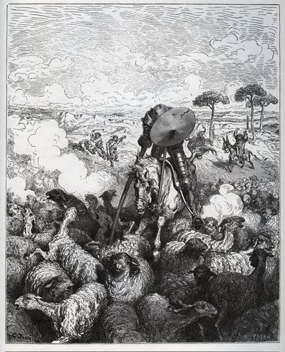 Don Quichot valt een kudde schapen aan, denkend dat hij te maken heeft met het leger van Alibanfaron van Taprobana - uit 