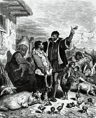 Don Quichot neemt Sancho Panza mee van zijn huis en benoemt hem tot gouverneur, illustratie door Gustave Doré (1832-1883) voor de editie van 1880 van Don Quichot door Miguel de Cervantes Saavedra (1547-1616) door Gustave Dore