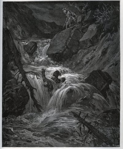 Dorothee, verkleed als een jonge boer, ontketent zijn wellustige knecht - uit "Don Quichot van La Mancha" van Miguel Cervantes door Gustave Dore