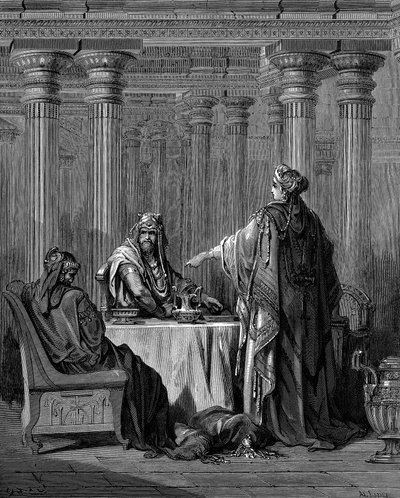 Esther voor haar echtgenoot Koning Ahasveros Xerxes I van Perzië door Gustave Dore