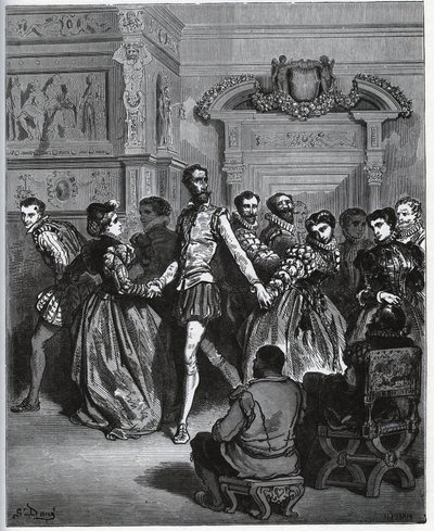 Avond georganiseerd na Don Antonio. Don Quichot ontdekt zonder de geneugten van dans te waarderen - uit "Don Quichot van La Mancha" van Miguel Cervantes door Gustave Dore
