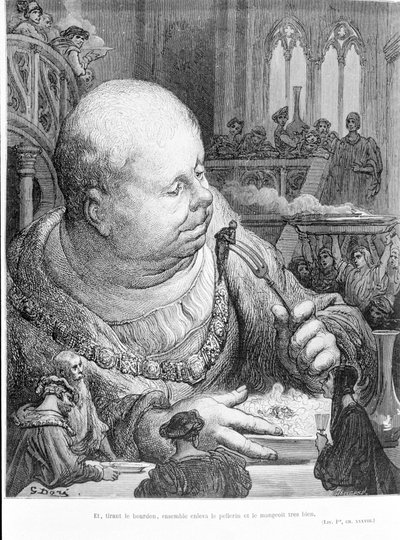 Uittreksel uit Gargantua (1534) door François Rabelais: En, de hommel trekkend, verwijderden ze samen de pelgrim en aten hem zeer goed op. Gravure door Gustave Doré door Gustave Dore