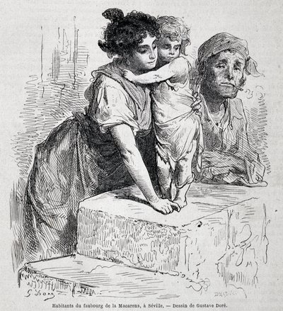 Familie van de faubourg van Macarena in Sevilla - getekend door Gustave Doré, in 