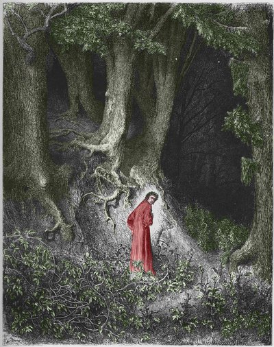Eerste lied van de hel: de dichter Dante bevindt zich in een bos. Illustratie door Gustave Doré door Gustave Dore