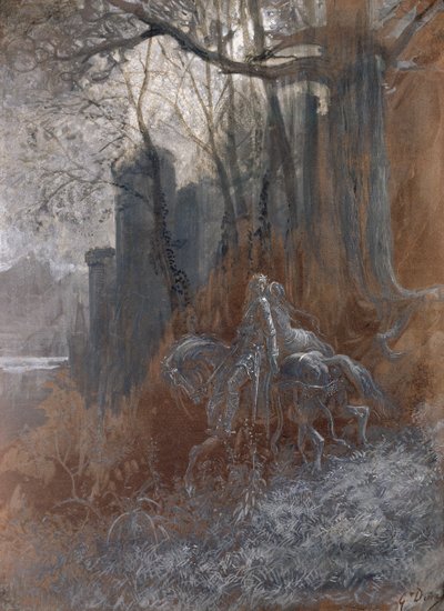 Geraint en Enid rijden weg door Gustave Dore