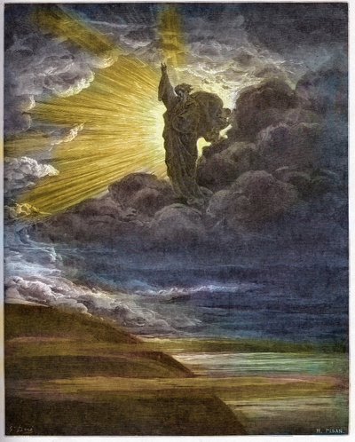 God creëert licht - De schepping van het licht - Oude Testament (Genesis) - Schepping van het licht - gravure in 