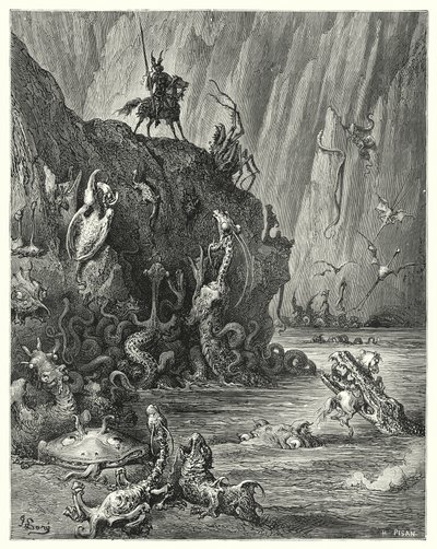 Een groot meer van kokende pek, waarin een oneindige menigte van woeste en verschrikkelijke wezens heen en weer trekken (gravure) door Gustave Dore