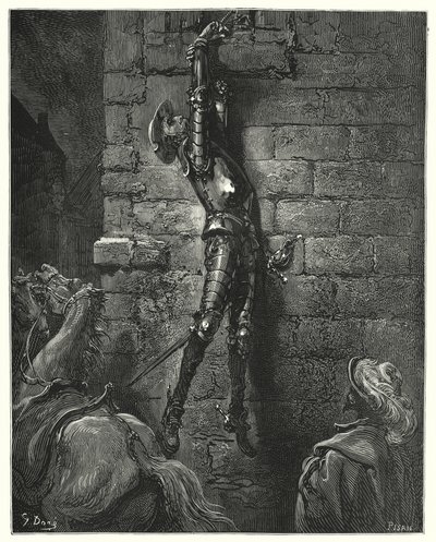 Hij zou onvermijdelijk op de grond zijn gevallen, als zijn pols niet stevig aan het touw was vastgemaakt (gravure) door Gustave Dore