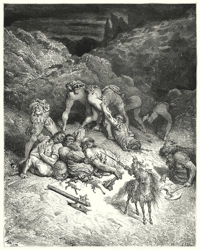 Hoe Felixmarte vijf reuzen in tweeën sneed (gravure) door Gustave Dore