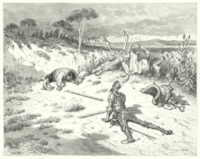 Don Quichot van Gustave Doré: "Sancho, ik heb altijd gehoord dat een vriendelijkheid doen aan boeren is als water in de zee gooien" door Gustave Dore