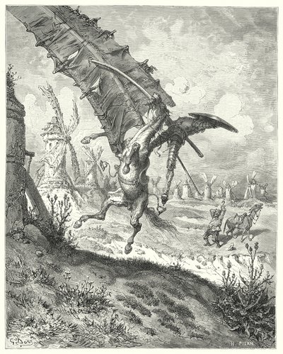Don Quichot van Gustave Doré: "Het zeil wierp zowel ridder als paard weg" door Gustave Dore