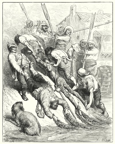 Ze werden beiden aan land gesleept, meer doorweekt dan dorstig (gravure) door Gustave Dore