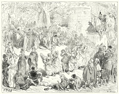 Don Quichot van Gustave Doré: "Ze werden geleid door een eerbiedwaardige oude man en een moederlijke vrouw" door Gustave Dore