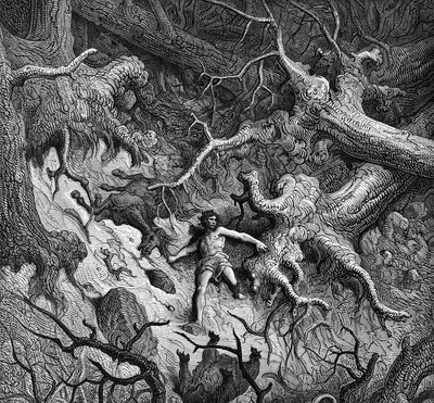 Illustratie van "De woedende Roland" (Orlando Furioso) door Ludovico Ariosto (Arioste) (1474 - 1533): Roland, volledig woedend vernietigt het bos en de dieren. Ill. van Gustave Doré. Gezang 24 door Gustave Dore