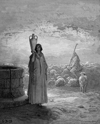 Jacob, die de kudden van Laban hoedt, ziet Rachel bij de bron, 1866 door Gustave Dore